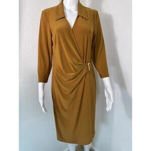 Anne Klein Size 10 Mustard Wrap Midi Dress Collared Workwear Corpcore Office
